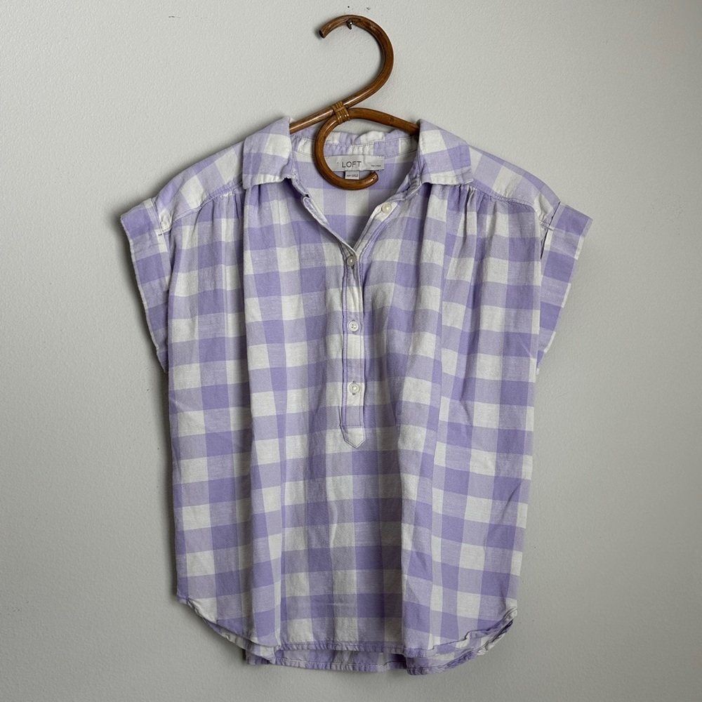 LOFT Gingham Linen-Blend Dolman Spring Top in Lilac and White